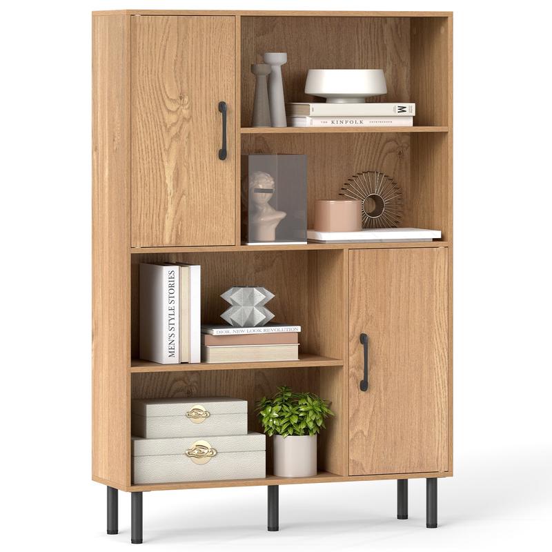 47 Inch Storage Cabinet Freestanding Bookcase with 2 Doors and 4 Open Shelves, Natural - Natural