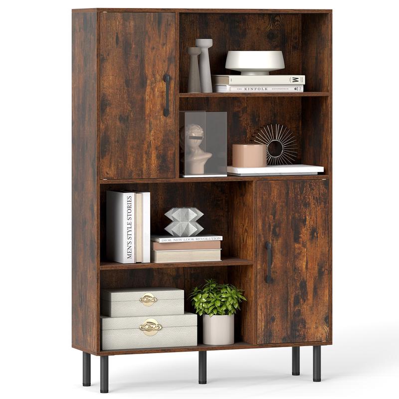 47 Inch Storage Cabinet Freestanding Bookcase with 2 Doors and 4 Open Shelves, Rustic Brown - Rustic Brown