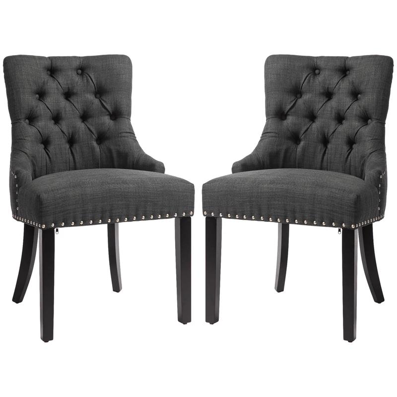 Linen Fabric Dining Chair Set of 2, Nailhead Trim, Wood Legs, Dark Grey - Dark Grey, Black