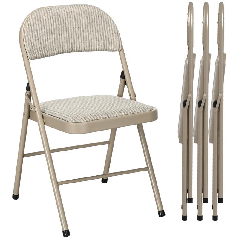 Set of 4 Metal Foldable Chairs, Linen Padded with Cushion Seat, Beige - Beige
