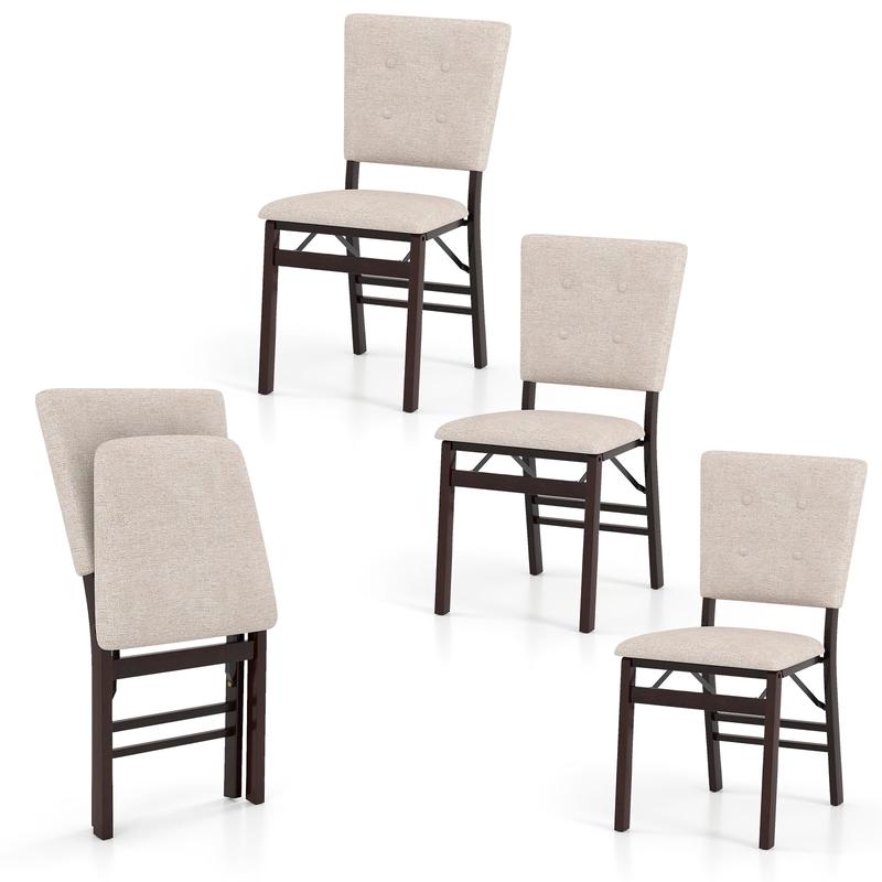 Foldable Dining Chair Set Of 4, Armless, Padded Seat, Tilt Backrest, Beige - Beige