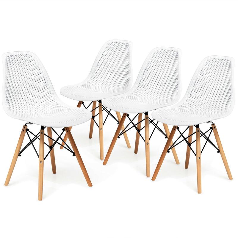 4 Piece Modern Plastic Hollow Chair Set, White - White