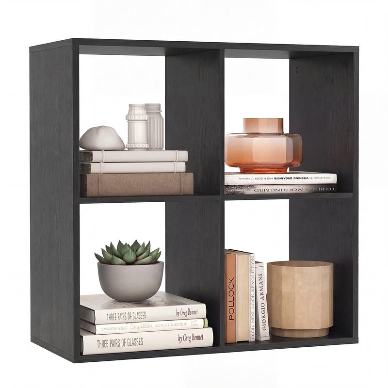 4 Cube Bookshelf with Back Guardrail for Living Room Bedroom, Black - Black