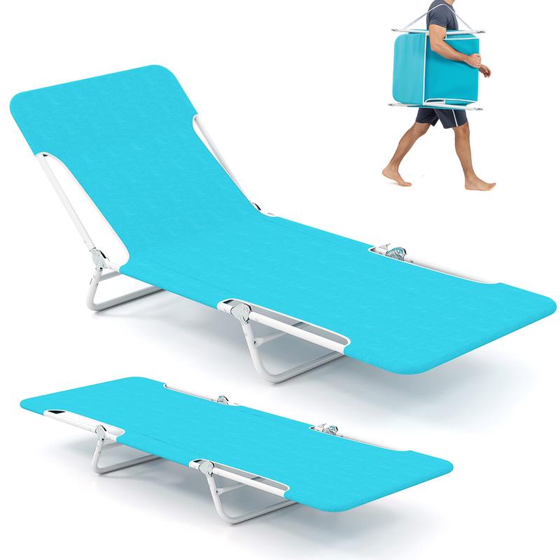 2 Pieces 5-position Lay Flat Beach Recliner with Carry Strap and Metal Frame, Turquoise - Turquoise