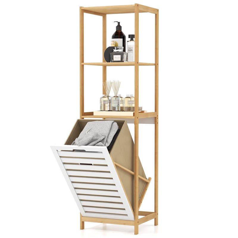 3-Tier Tilt-Out Laundry Hamper, Storage Shelves, Natural, White - Natural