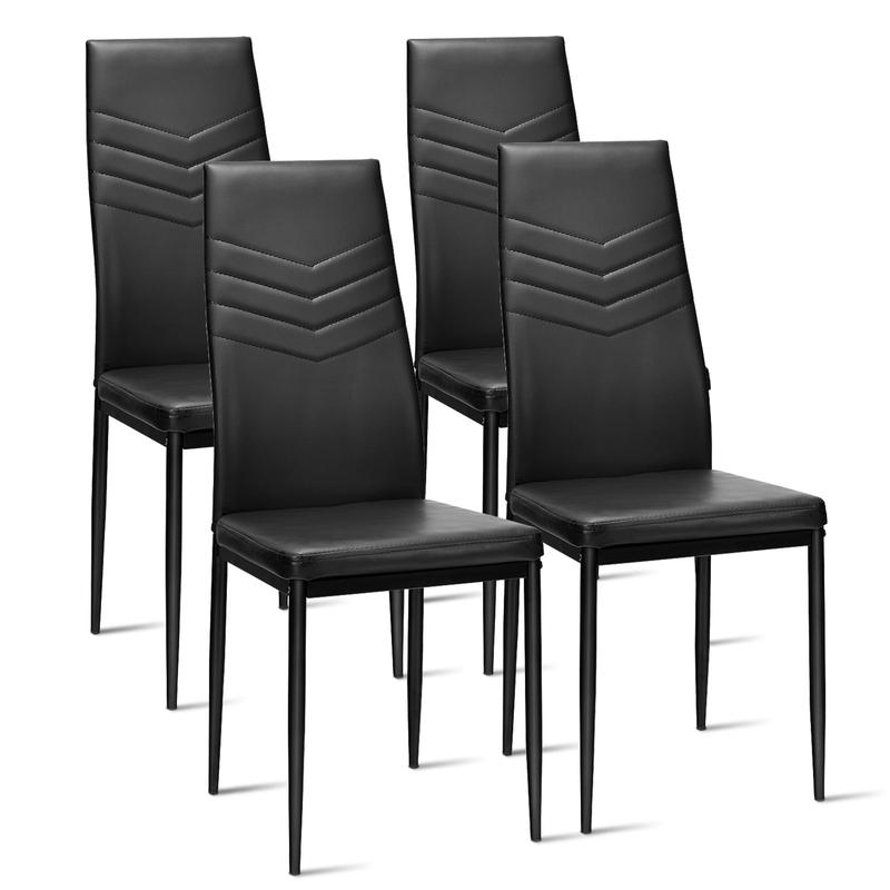 Set of 4 High Back Dining Chairs with PVC Leather and Non-Slip Feet Pads, Black - Black