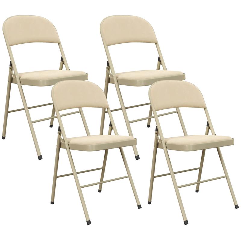 4 Pack Folding Chairs, Padded Seats, Velvet, Steel Frame, Beige - Beige