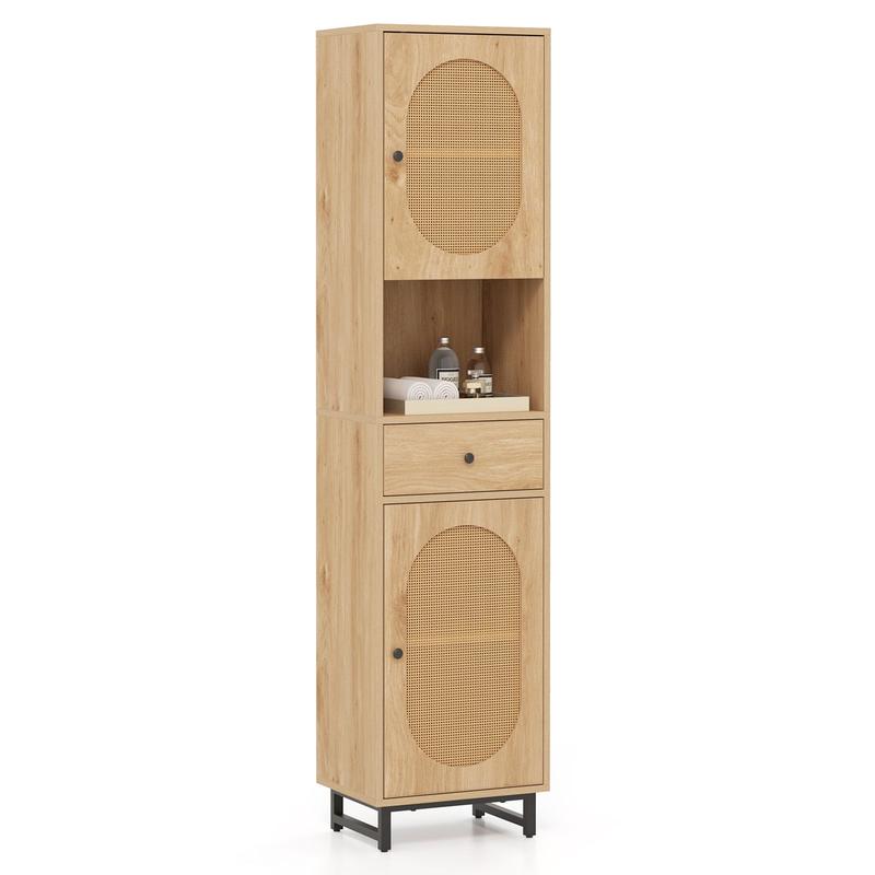 67 Inch Tall Bathroom Cabinet, PE Rattan, 2 Doors, Natural - Natural