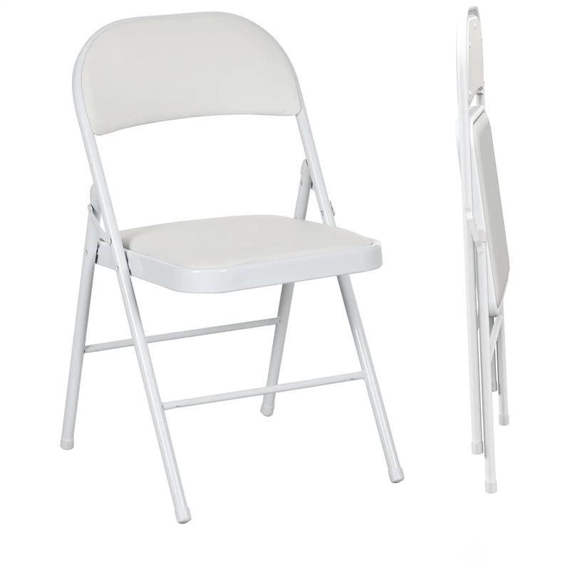 Set of 2 Metal Foldable Chairs, PU Leather Padded, White - White