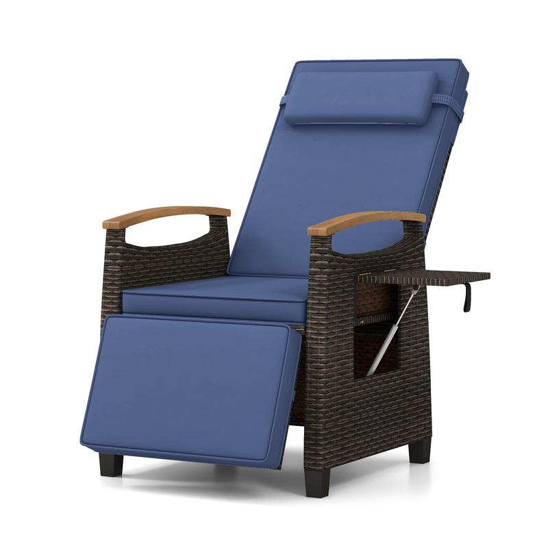 Patio Wicker Recliner Chair, Adjustable Backrest, Navy - Navy