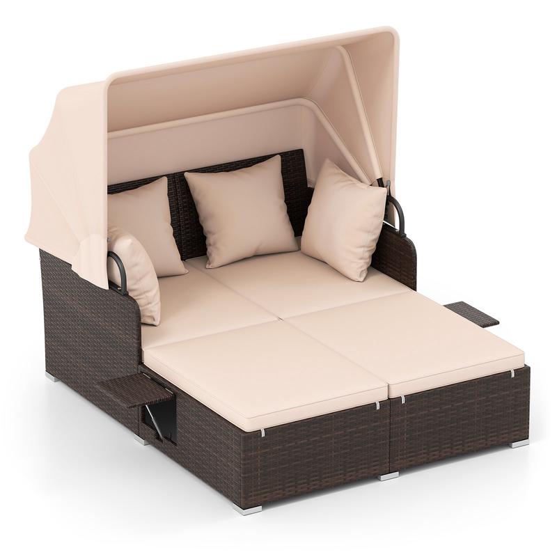 Outdoor Patio Rattan Daybed with Retractable Canopy and Side Tables, Beige - Beige