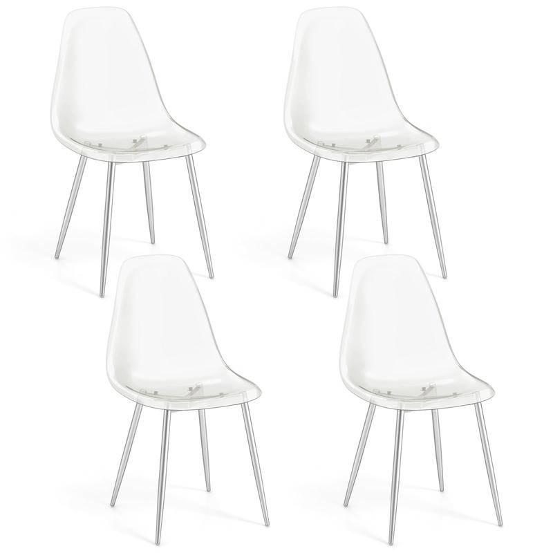 Set Of 4 Dining Chairs, Plastic Shell Side Chair, Clear Seat, Wood Legs, Silver - Silver