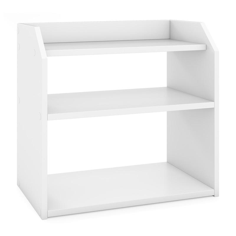 3-Tier Desktop Bookshelf Wooden Countertop Bookcase with Raised Top Guardrails, White - White
