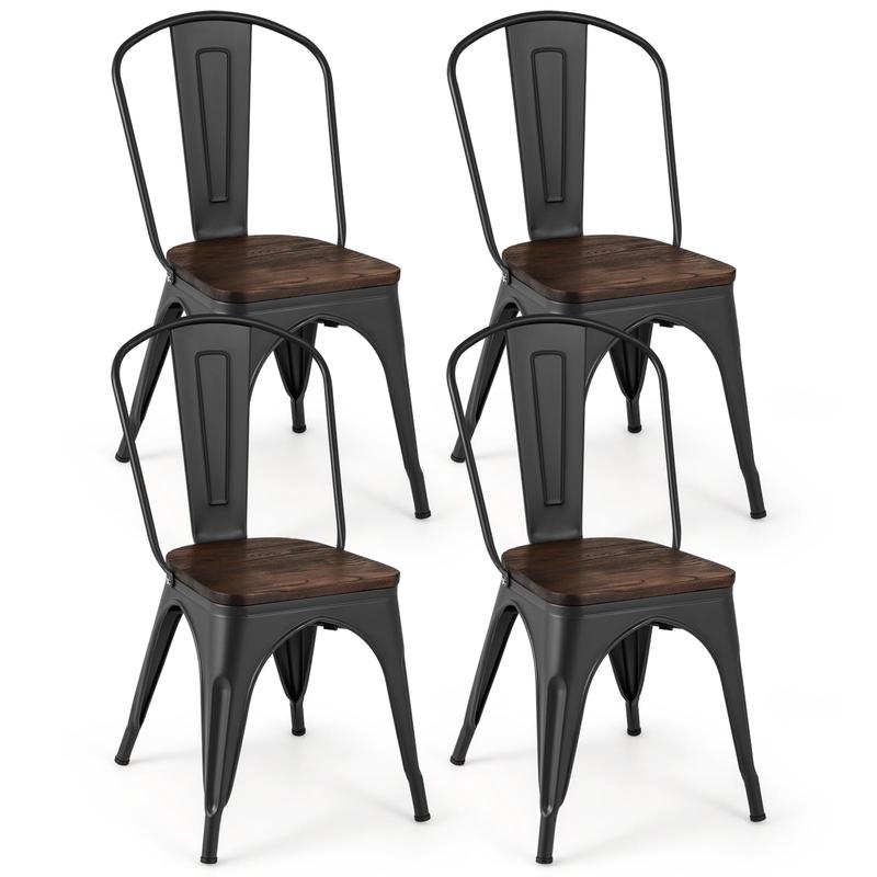 Metal Dining Chairs, Set of 4, Stackable, Wood Seat, Black - Black