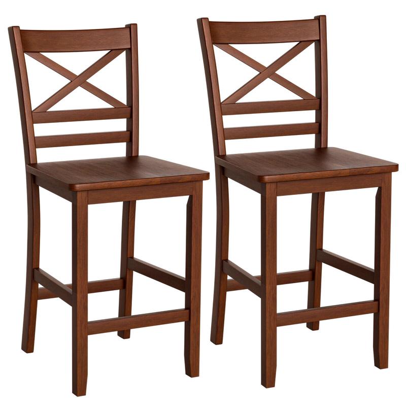 Set Of 2 Bar Stools, 25 Inch Counter Height, Walnut, Rubber Wood Legs - Walnut