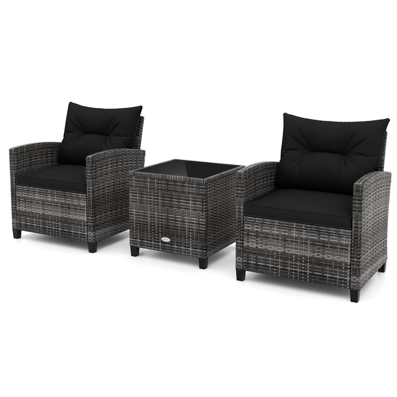 3-Piece Outdoor Wicker Conversation Set, Tempered Glass Tabletop, Black - Black