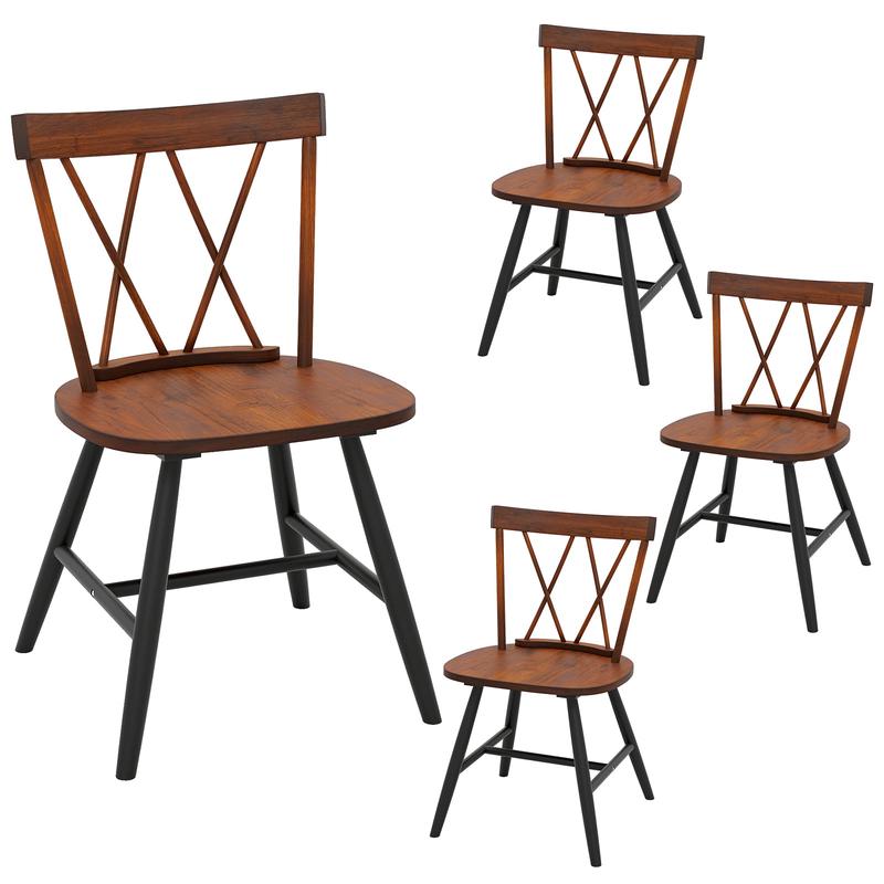 Set of 4 Dining Chairs with Rubber Wood Frame and Curved Cross Back, Dark Brown - Dark Brown