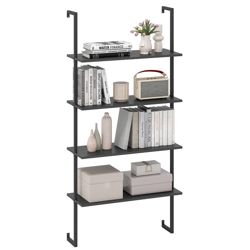 4-Tier Ladder Shelf Open Wall Mounted Bookcase with Wooden Boards and Metal Frame, Black - Black