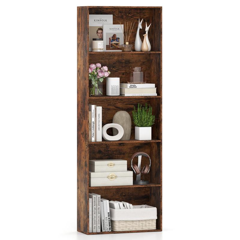 5-Tier Bookshelf Open Bookcase Freestanding Display Shelf Storage Organizer, Rustic Brown - Rustic Brown