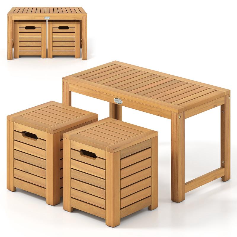 Acacia Wood Outdoor Coffee Table with Stools Set of 2 3 Pieces Patio Table and Stools Set - Options