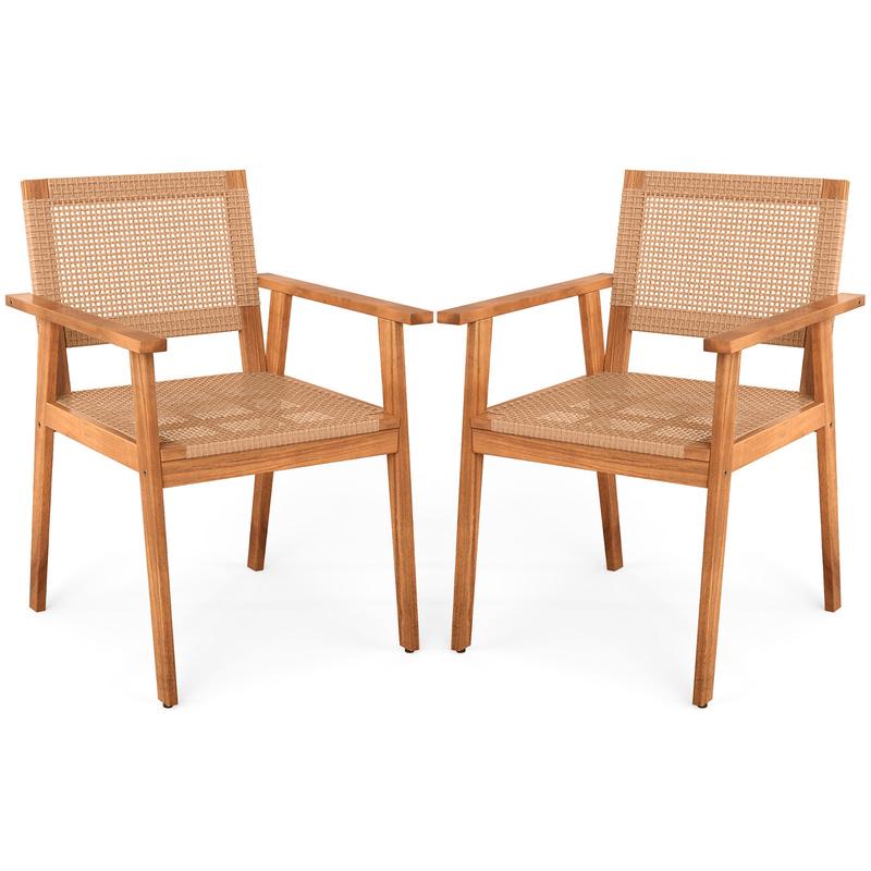 Acacia Wood Outdoor Dining Chairs Set of 2 PE Rattan Patio Chairs with Backrests and Armrests - Options