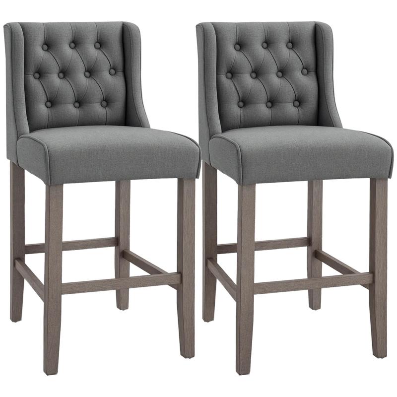 Set of 2 40Inch Button Tufted Bar Stools, High Counter Dining, Grey - Grey