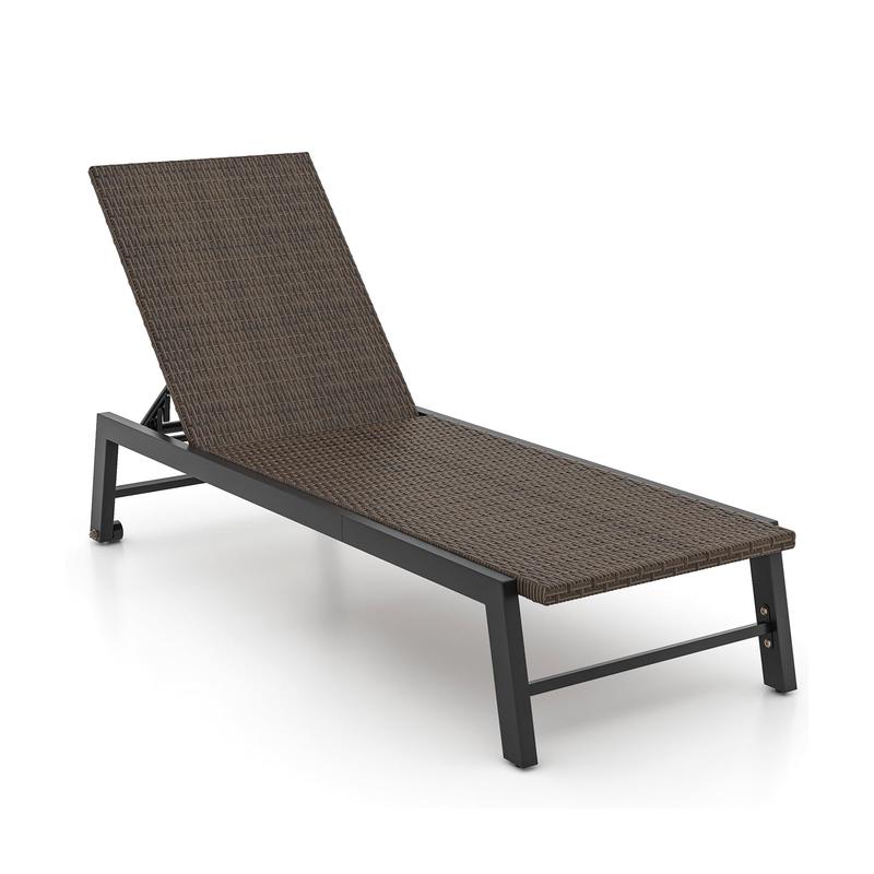 Patio PE Rattan Chaise Lounge, 5-Level Backrest, Wheels, Brown - Brown