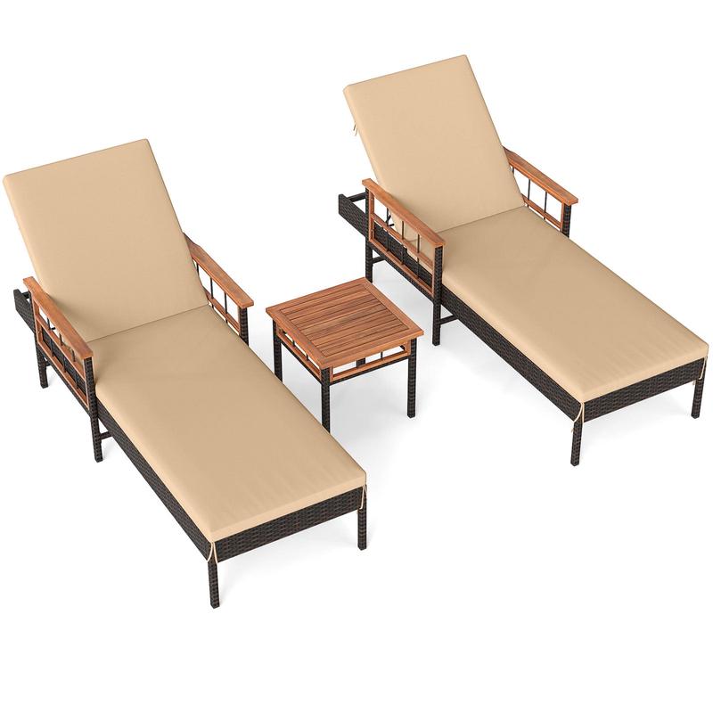 Patio Rattan Chaise Lounge with 4-Level Adjustable Backrest, Beige - Beige