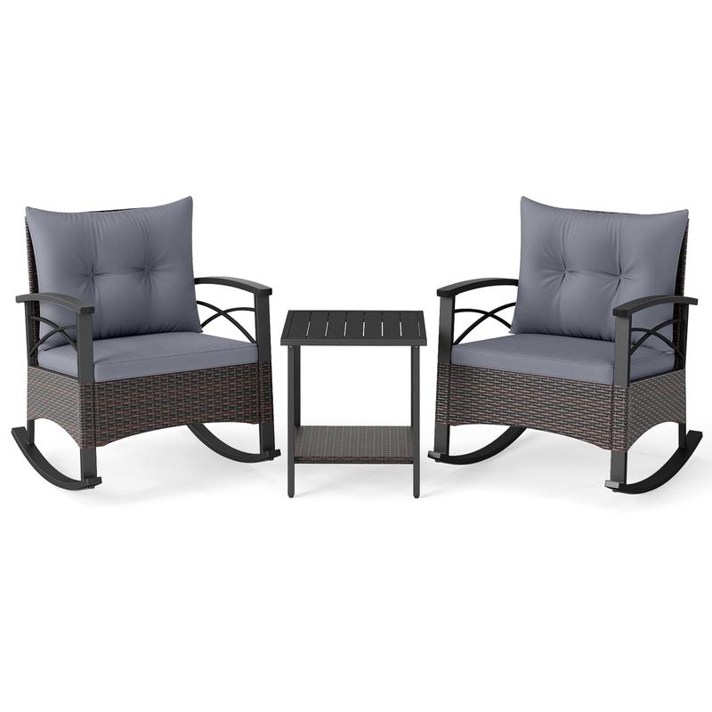 3 Piece Rocking Bistro Set PE Rattan Rocker Chairs with Acacia Wood Top Table, Gray - Gray