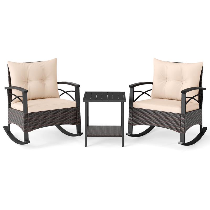 3 Piece Rocking Bistro Set PE Rattan Rocker Chairs with Acacia Wood Top Table, Beige - Beige