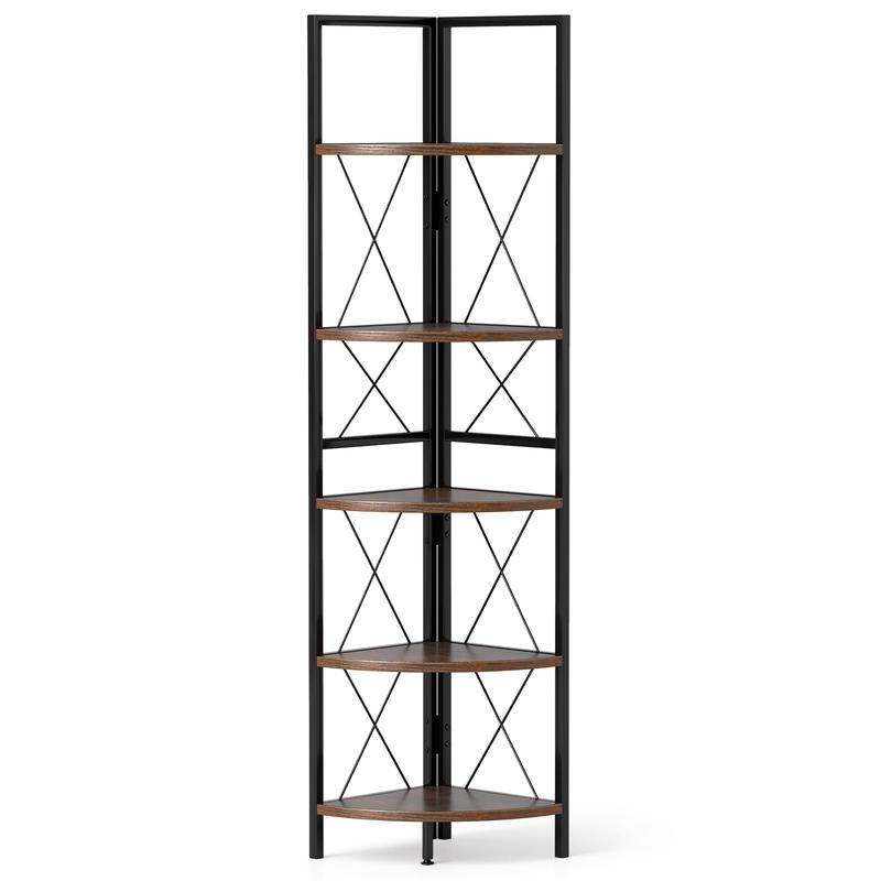 5-Tier Corner Shelf 63 Inch Tall, Storage Rack, Rustic Brown - Rustic Brown