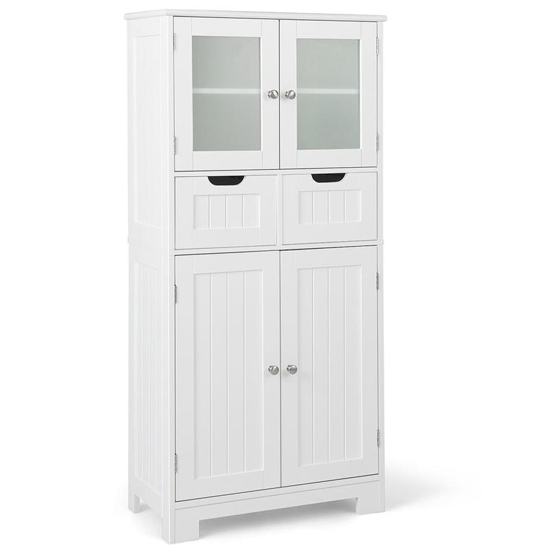 3 Tier Bathroom Cabinet, 2 Drawers, Glass Doors, White - White