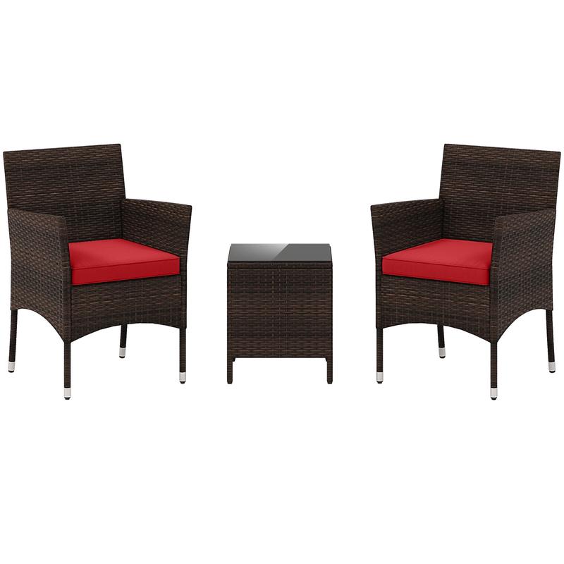 3 Piece Outdoor Conversation Set, Cushioned Seat, Glass Tabletop, Red - Red