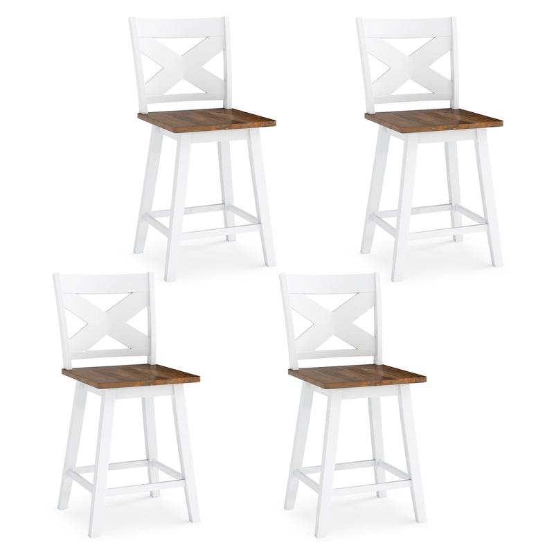 24\" Rubberwood Swivel Barstools Set of 4 with Backrest and Large Seat, White - White