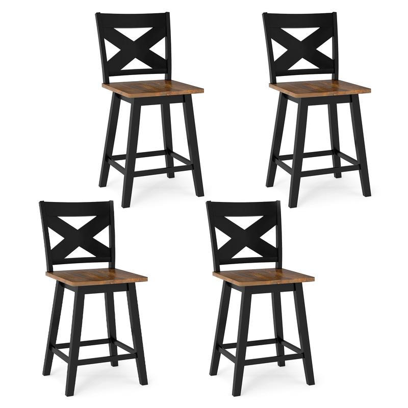 24\" Rubberwood Swivel Barstools Set of 4 with Backrest and Large Seat, Black - Black
