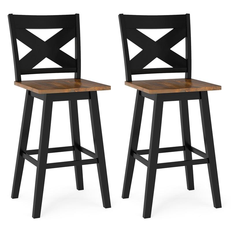 29\" Rubberwood Swivel Barstools Set of 2 with Backrest and Large Seat, Black - Black