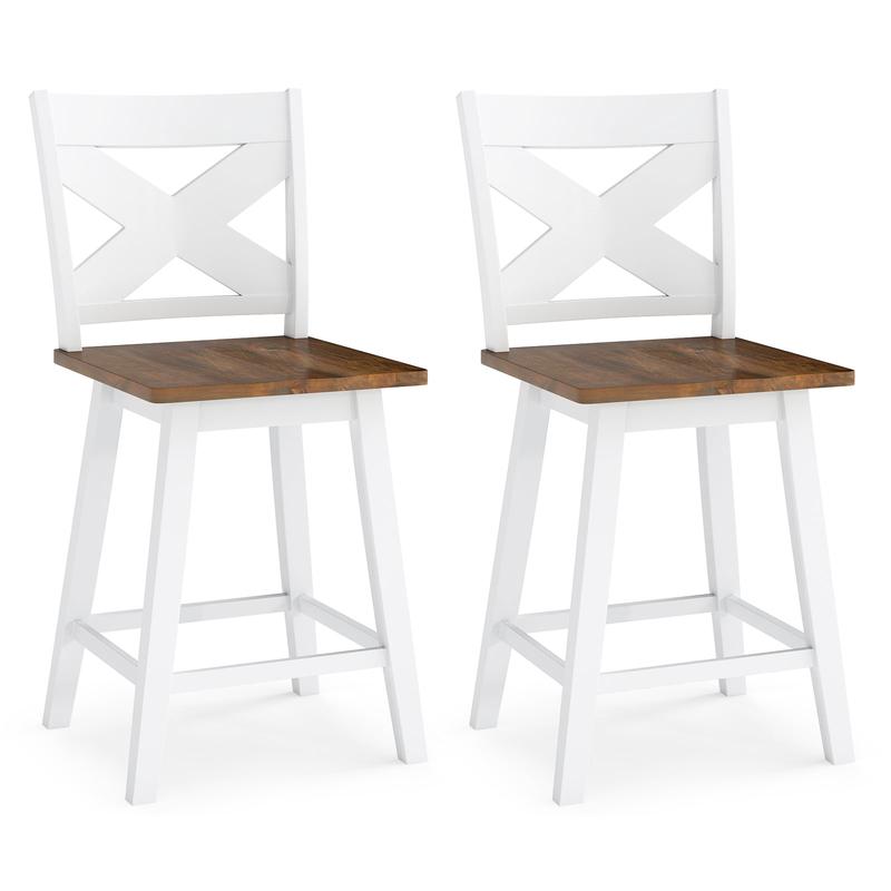 24\" Rubberwood Swivel Barstools Set of 2 with Backrest and Large Seat, White - White
