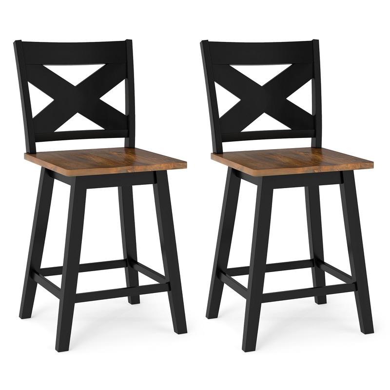 24\" Rubberwood Swivel Barstools Set of 2 with Backrest and Large Seat, Black - Black