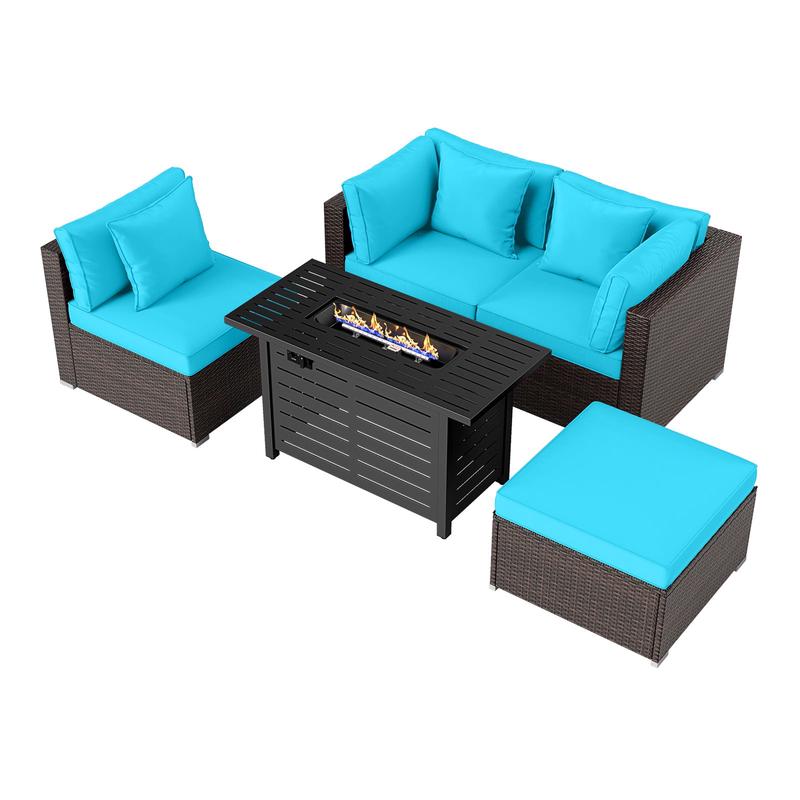 Heavy-duty Frame Rattan Sofa Set with 60000 BTU Firepit Table, Turquoise - Turquoise