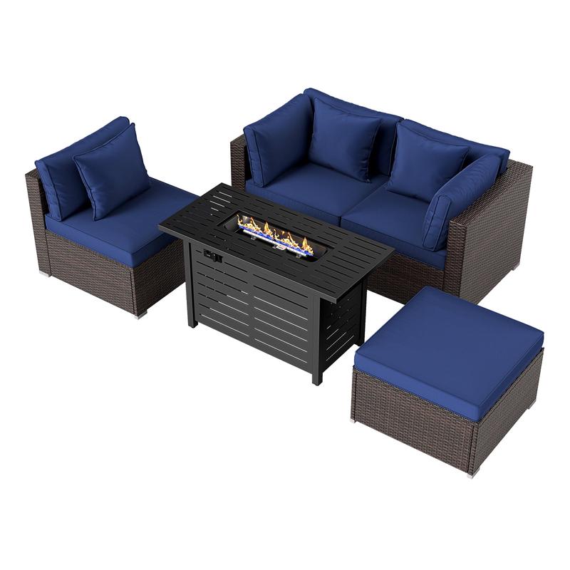Heavy-duty Frame Rattan Sofa Set with 60000 BTU Firepit Table, Navy - Navy