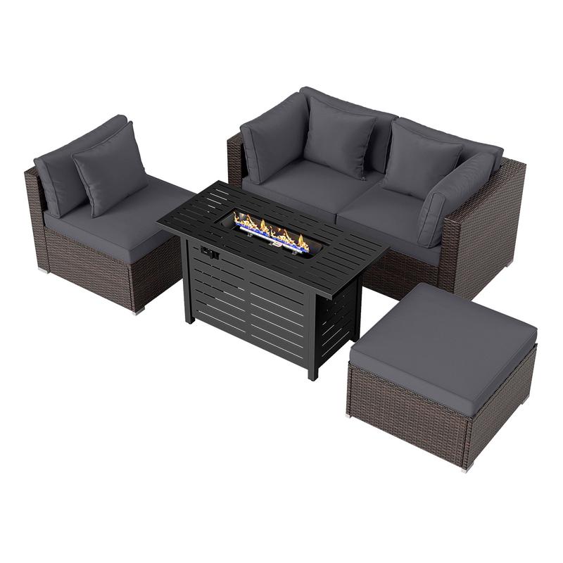 Heavy-duty Frame Rattan Sofa Set with 60000 BTU Firepit Table, Gray - Gray