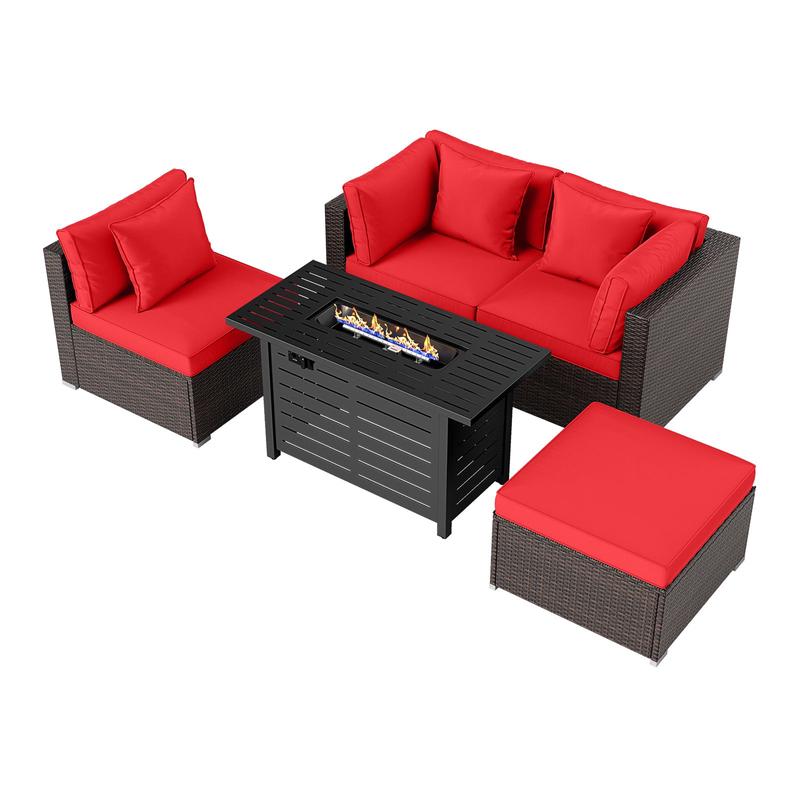 Heavy-duty Frame Rattan Sofa Set with 60000 BTU Firepit Table, Red - Red