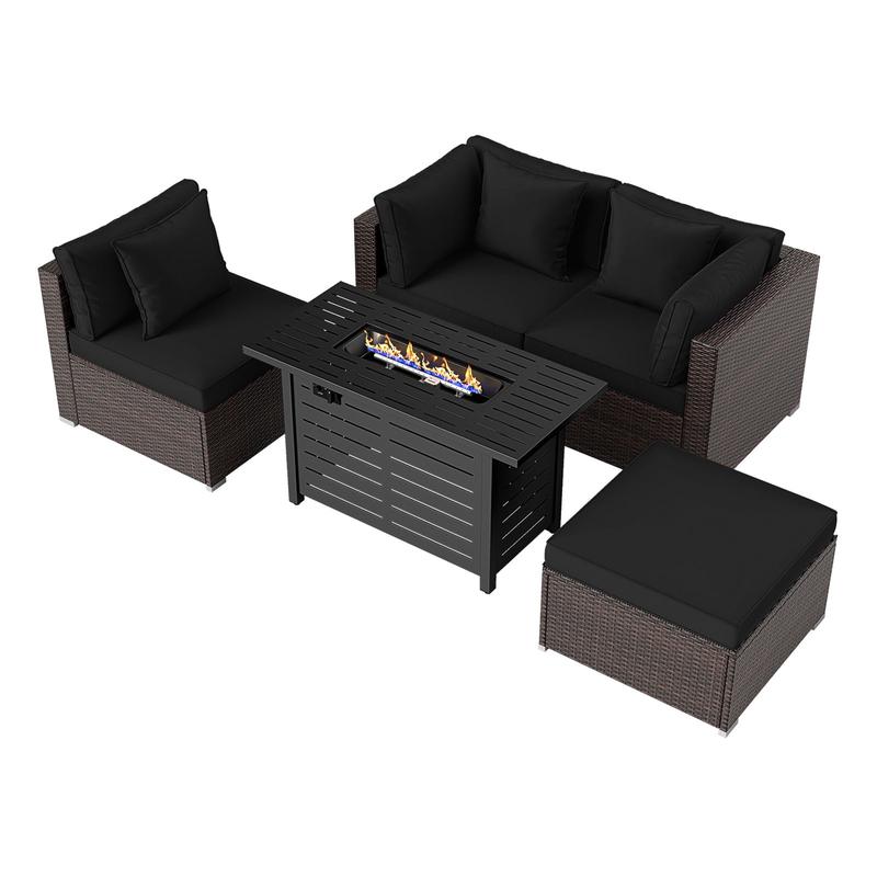 Heavy-duty Frame Rattan Sofa Set with 60000 BTU Firepit Table, Black - Black