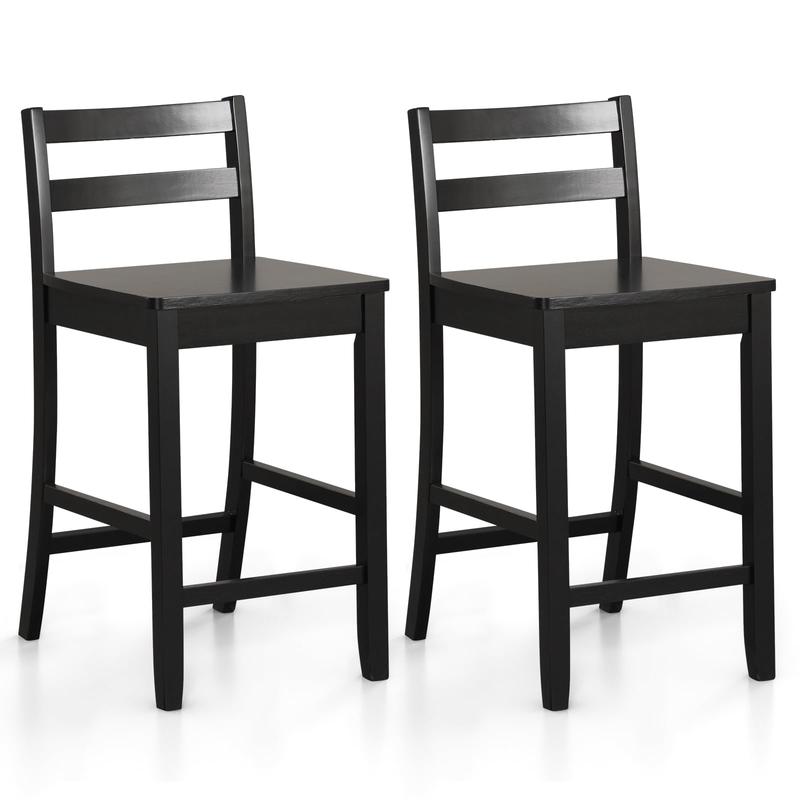 Wooden Bar Stools Set Of 2, Ergonomic Backrest, Footrest, Black - Black
