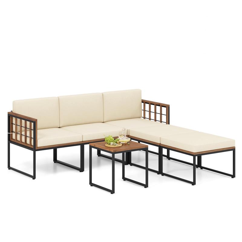 6-Piece Acacia Wood Patio Set, Coffee Table, Ottomans, Beige - Beige