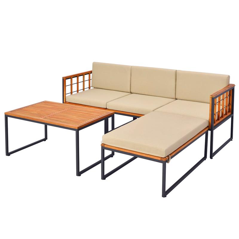 5 Piece Acacia Wood Patio Furniture Set, Heavy Duty Metal Frame, Beige - Beige