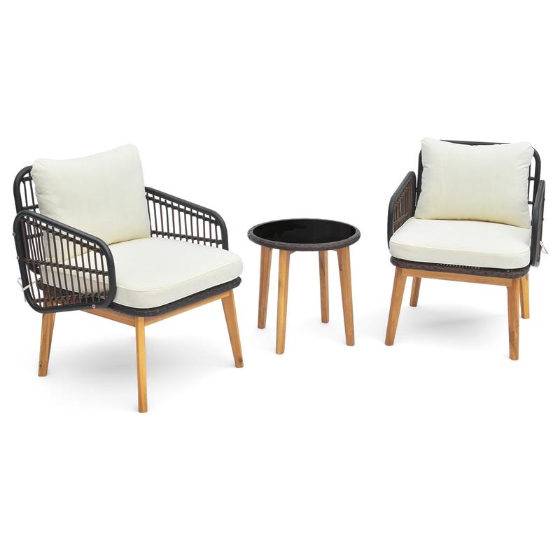 3 Pieces Patio Furniture Set with Cushioned Chairs and Tempered Glass Side Table, Black - Black