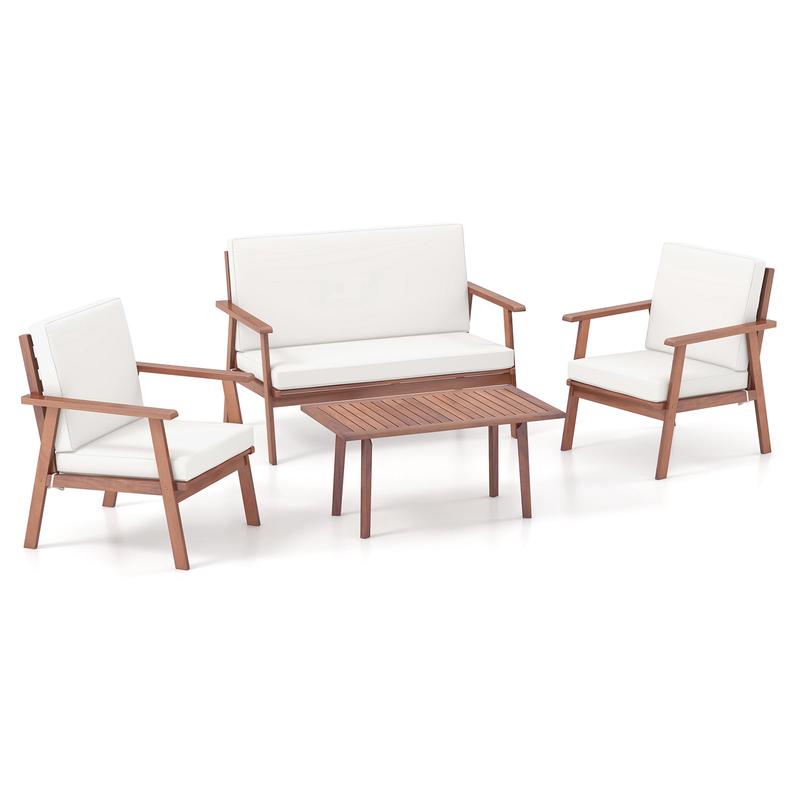 4 Piece Acacia Wood Outdoor Conversation Set, White - White