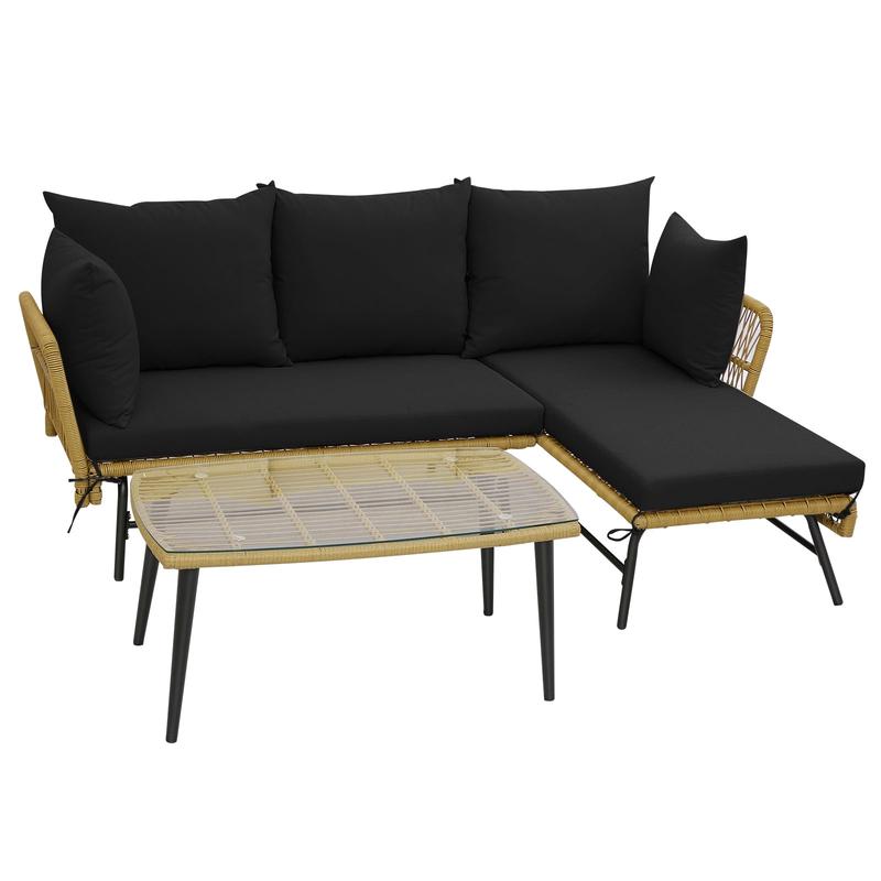 3 Piece L-Shaped Patio Sofa With Cushions, Tempered Glass Table, Black - Black