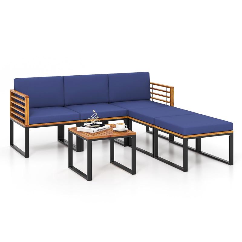 6-Piece Acacia Wood Patio Conversation Set, Navy - Navy